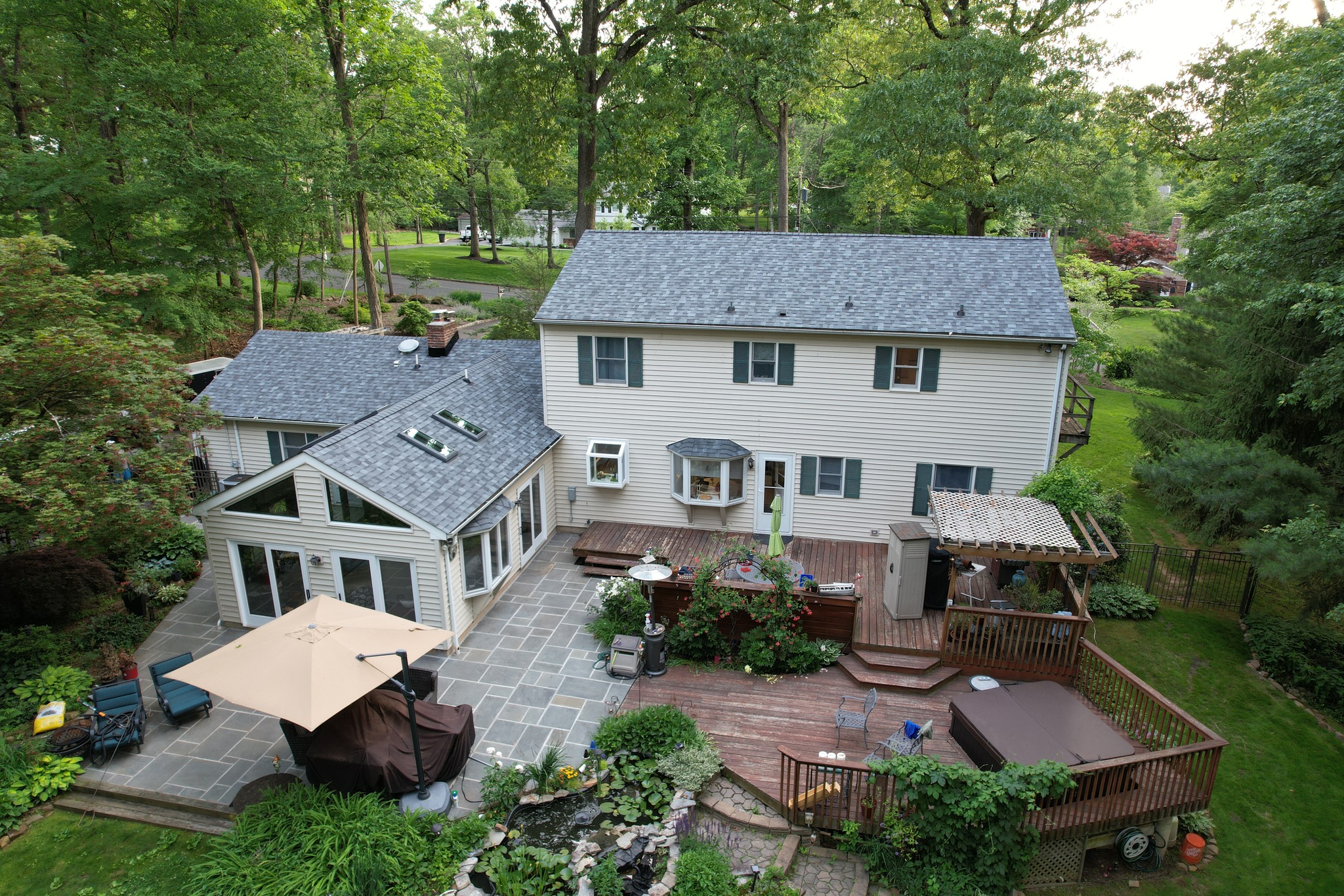 Aerial view of a completed roof installation